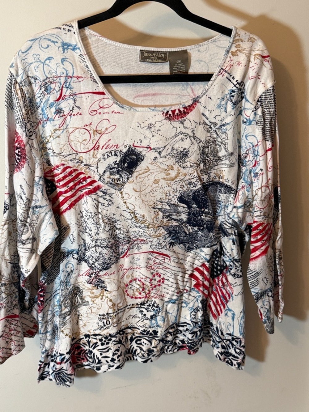 Jane Asley July 4th White Graphic Scoop Neck Women's Top - Red & Navy Accents